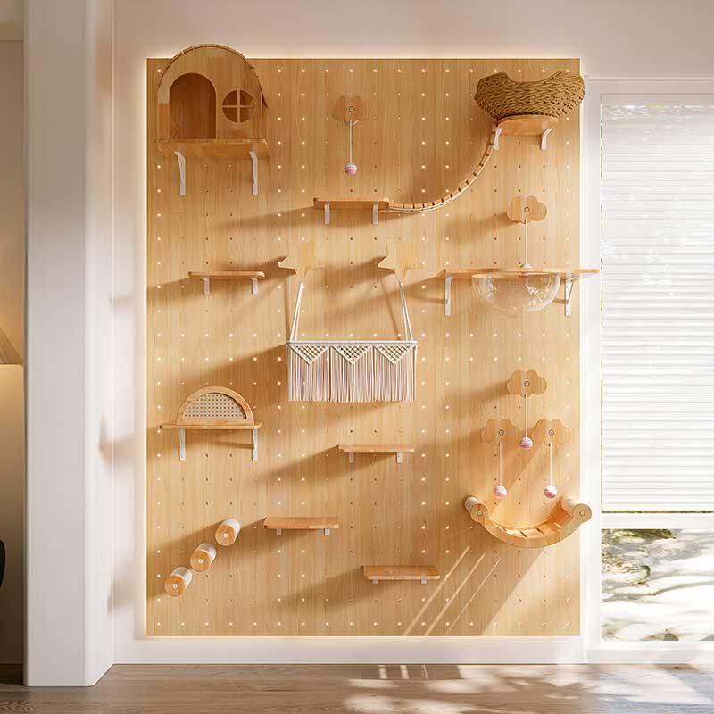 DIY Solid Wood Cat Wall Shelves Panel with Holes