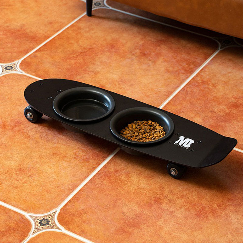 Rolling Skateboard Cat Food Water Bowl