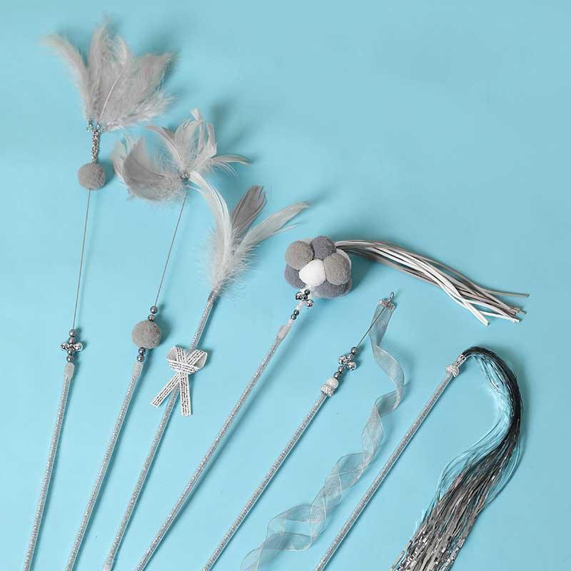 Cute Tassel Plush Feather Cat Colorful Interactive Cat Toy Wand Stick Combo - MEWCATS