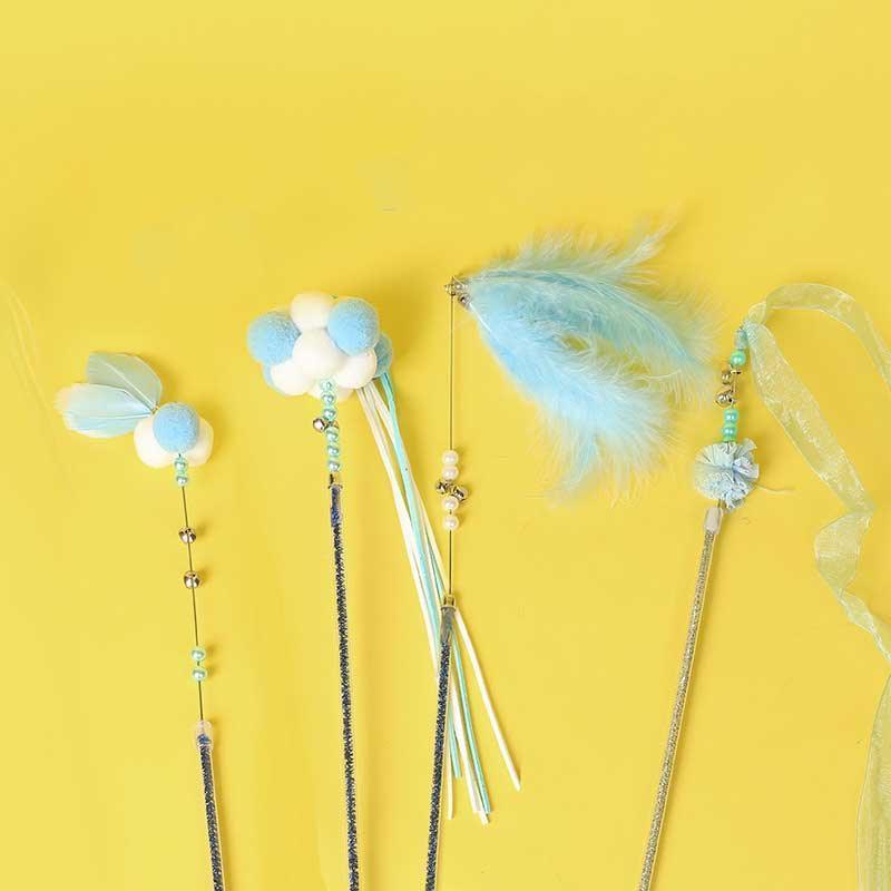 Cute Tassel Plush Feather Cat Colorful Interactive Cat Toy Wand Stick Combo - MEWCATS