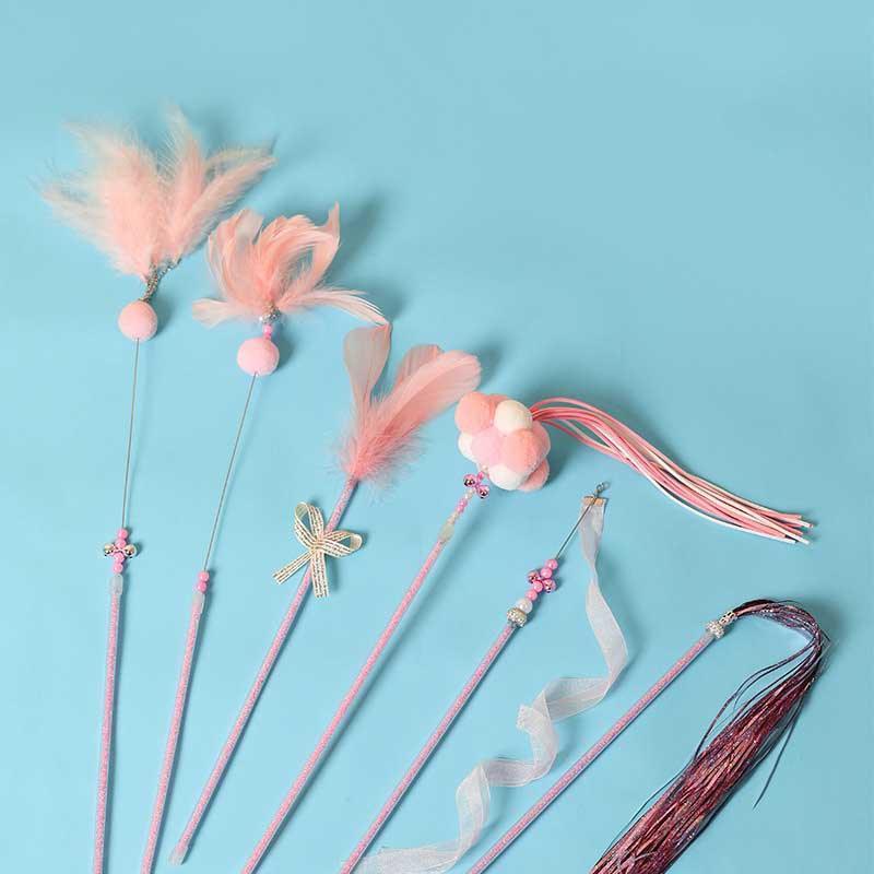 Cute Tassel Plush Feather Cat Colorful Interactive Cat Toy Wand Stick Combo - MEWCATS