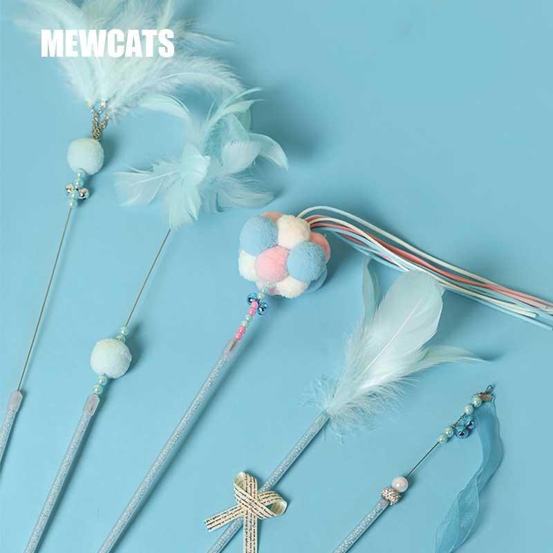 Cute Tassel Plush Feather Cat Colorful Interactive Cat Toy Wand Stick Combo - MEWCATS