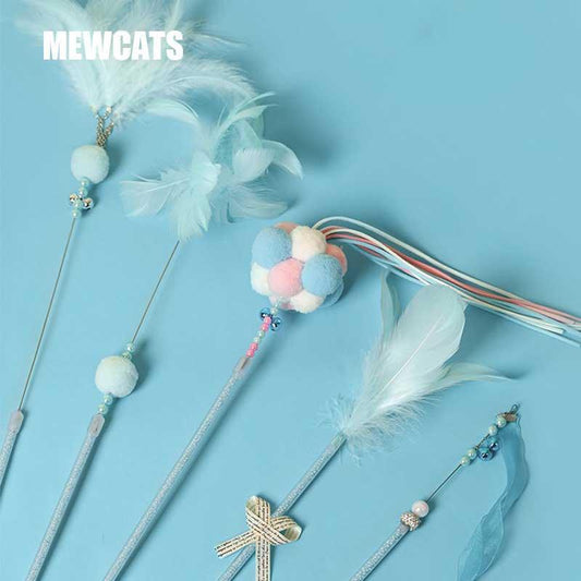 Cute Tassel Plush Feather Cat Colorful Interactive Cat Toy Wand Stick Combo - MEWCATS