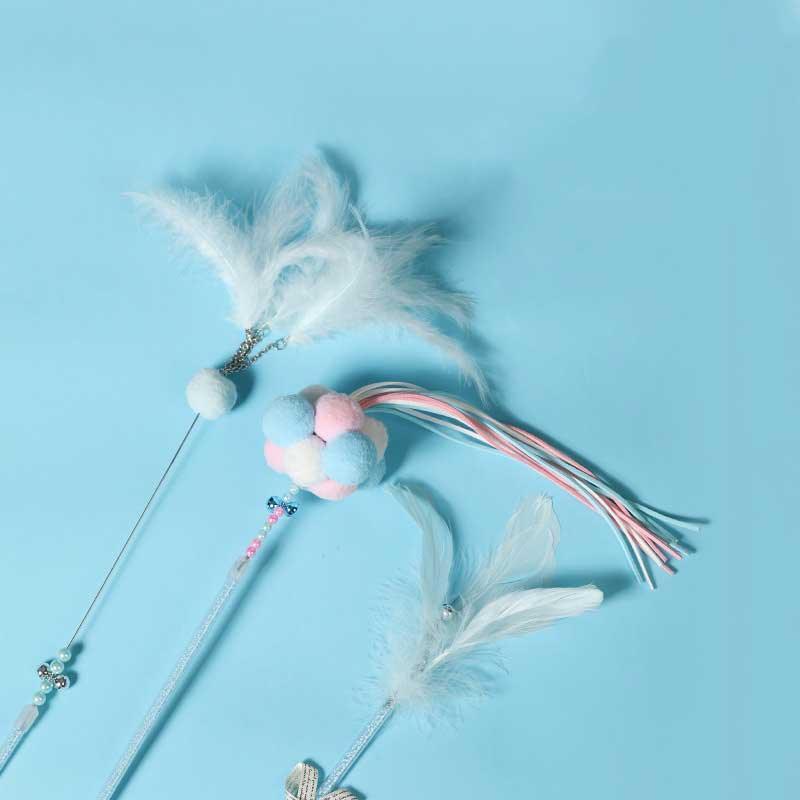 Cute Tassel Plush Feather Cat Colorful Interactive Cat Toy Wand Stick Combo - MEWCATS