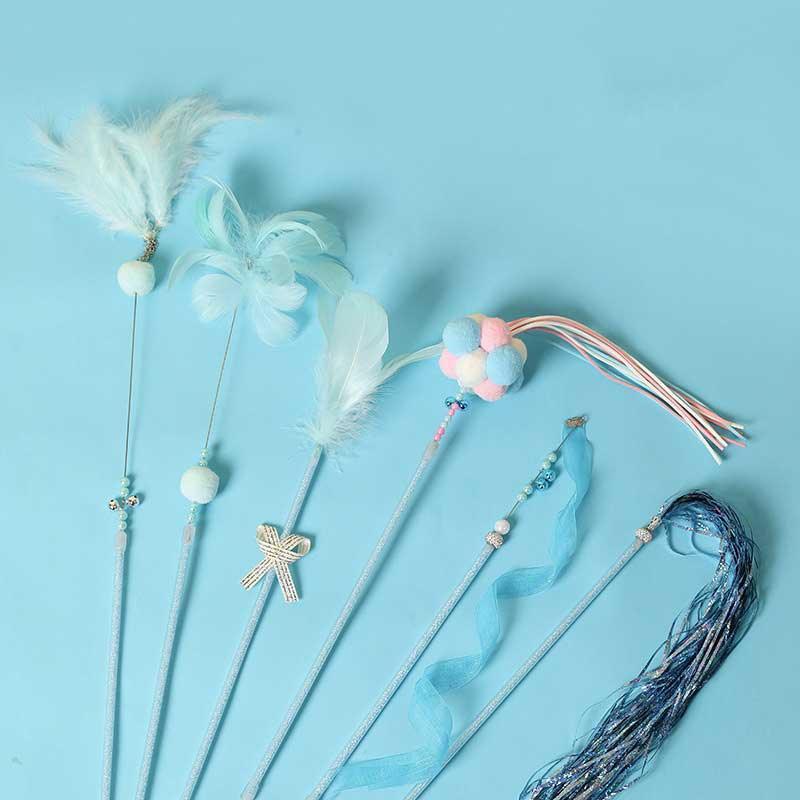 Cute Tassel Plush Feather Cat Colorful Interactive Cat Toy Wand Stick Combo - MEWCATS