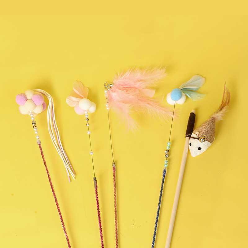 Cute Tassel Plush Feather Cat Colorful Interactive Cat Toy Wand Stick Combo - MEWCATS