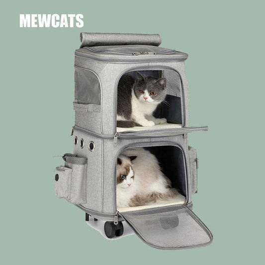 Double Layer Cat Carrier Bag With Wheels 4 Color Backpack - MEWCATS