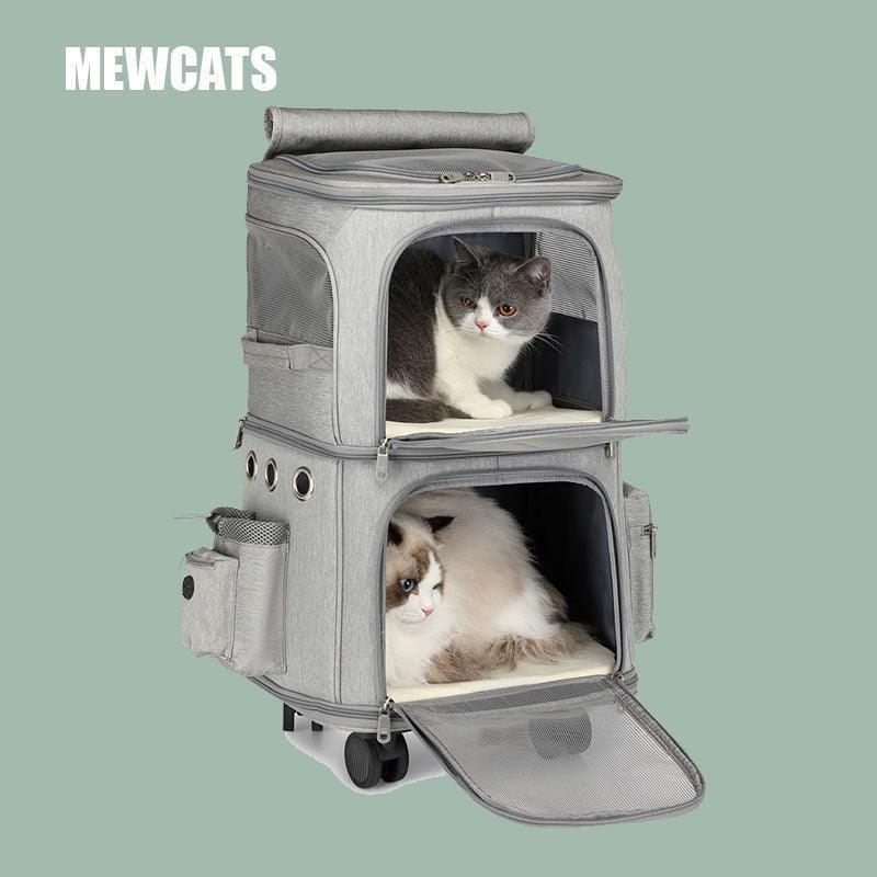 Double Layer Cat Carrier Bag With Wheels 4 Color Backpack MEW0063 / Black Trolley Version(No strap)