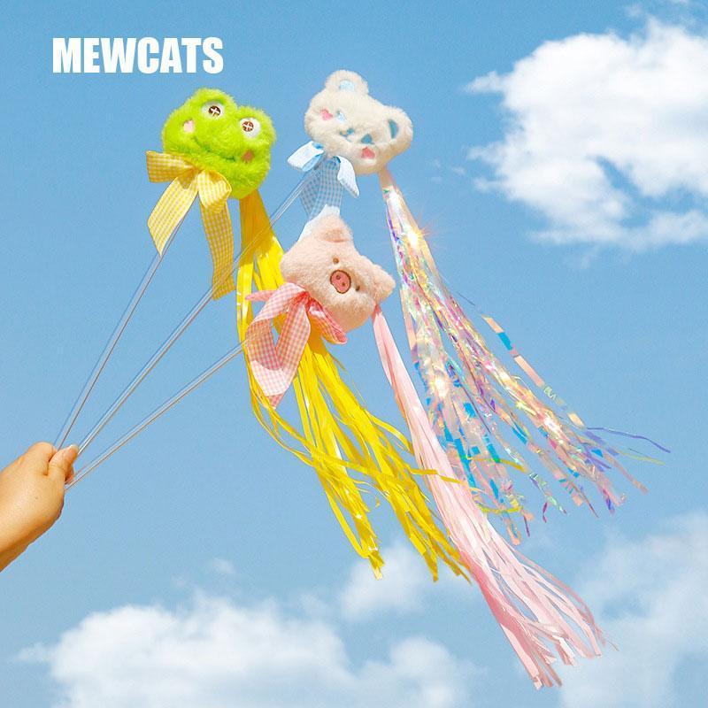 Teaser Cat Stick Toys Long Pole Bear Ribbon Tassel Bell - MEWCATS