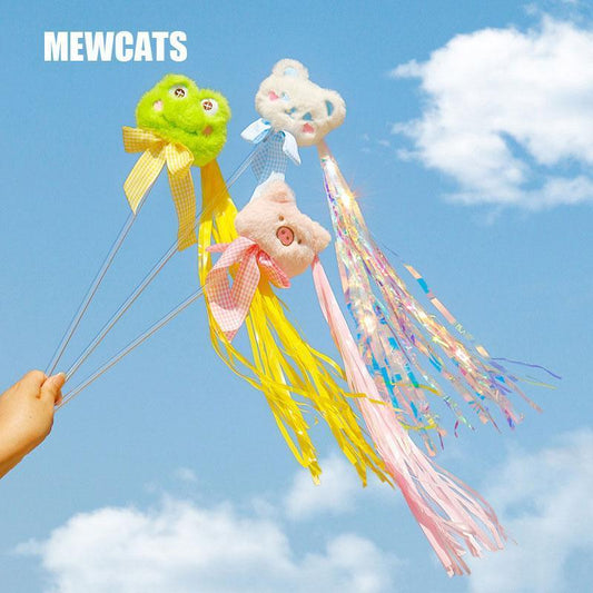 Teaser Cat Stick Toys Long Pole Bear Ribbon Tassel Bell - MEWCATS