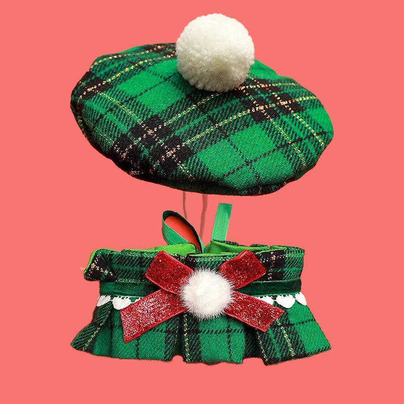 Christmas Beret Cat Hat Collar Clothes Set