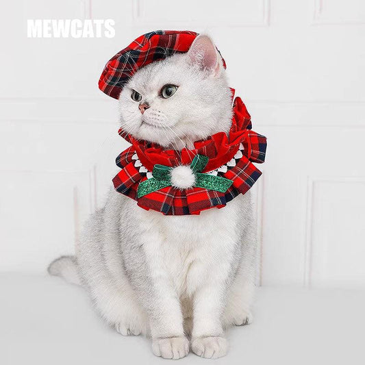 Christmas Beret Cat Hat Collar Clothes Set