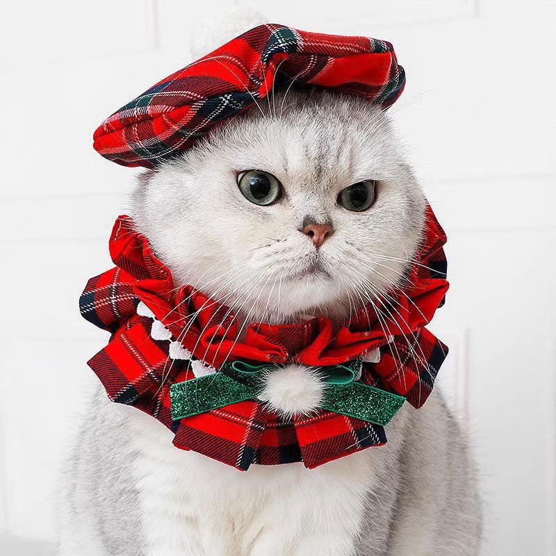 Christmas Beret Cat Hat Collar Clothes Set