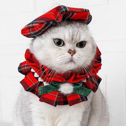 Christmas Beret Cat Hat Collar Clothes Set