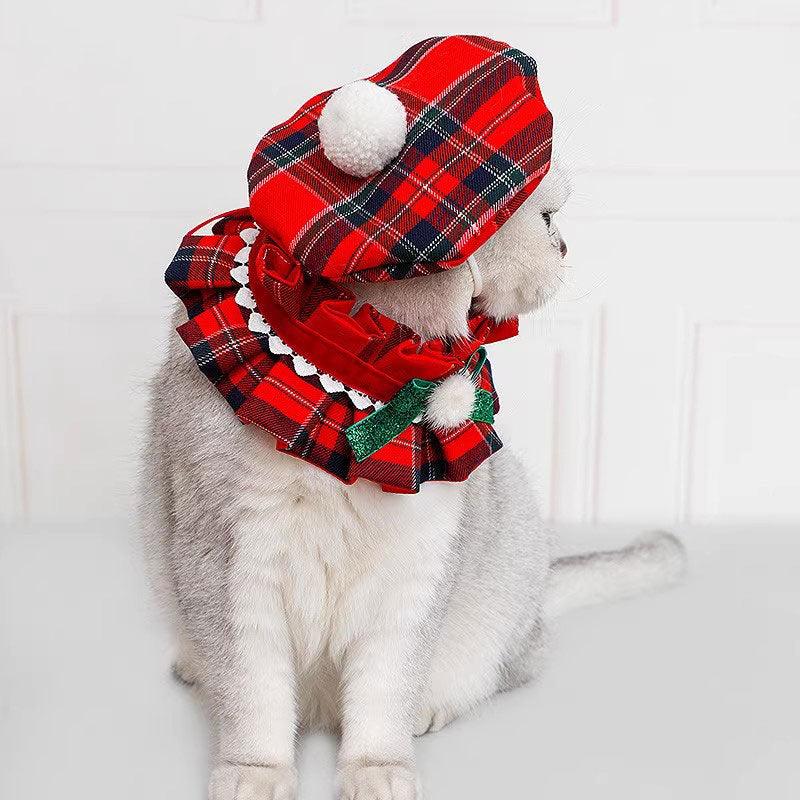 Christmas Beret Cat Hat Collar Clothes Set