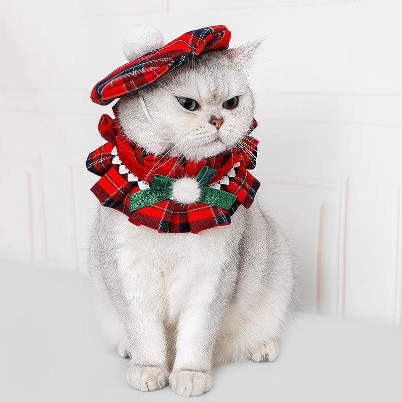 Christmas Beret Cat Hat Collar Clothes Set