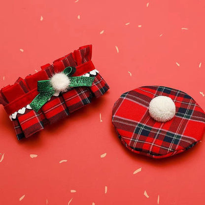 Christmas Beret Cat Hat Collar Clothes Set