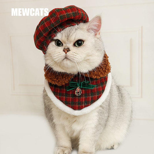Christmas Cat Hat Collar Bib Clothes Set