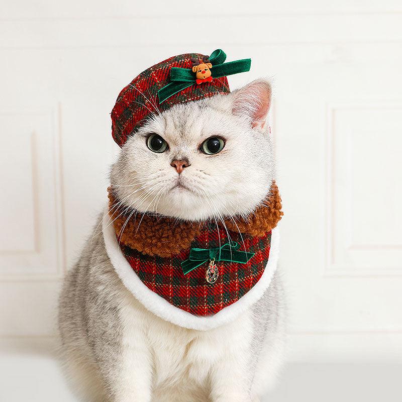 Christmas Cat Hat Collar Bib Clothes Set
