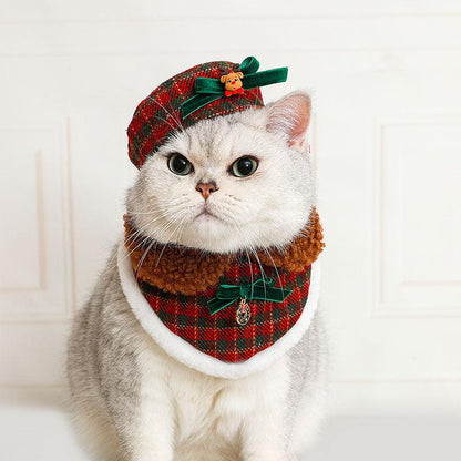 Christmas Cat Hat Collar Bib Clothes Set