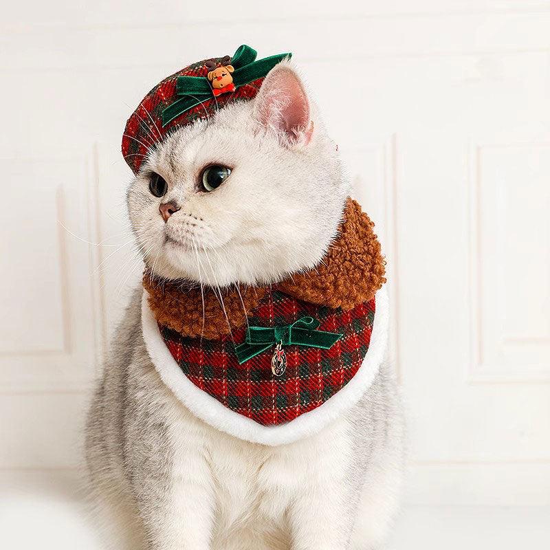 Christmas Cat Hat Collar Bib Clothes Set