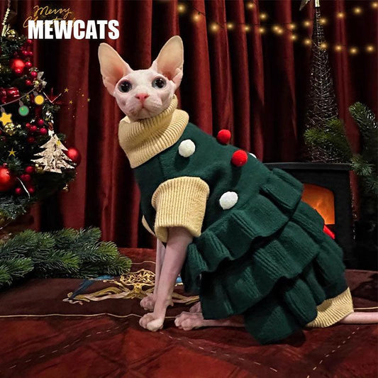 Christmas Lapel Sweater Dress Hairless Cat Clothes