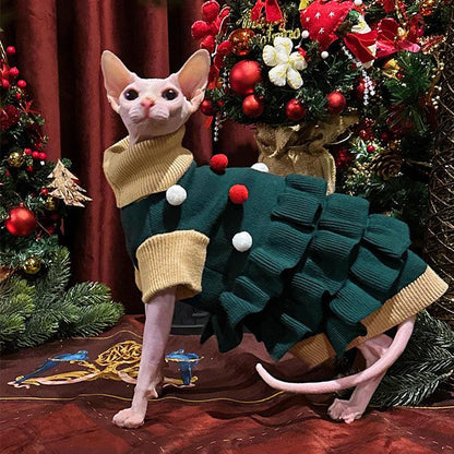 Christmas Lapel Sweater Dress Hairless Cat Clothes
