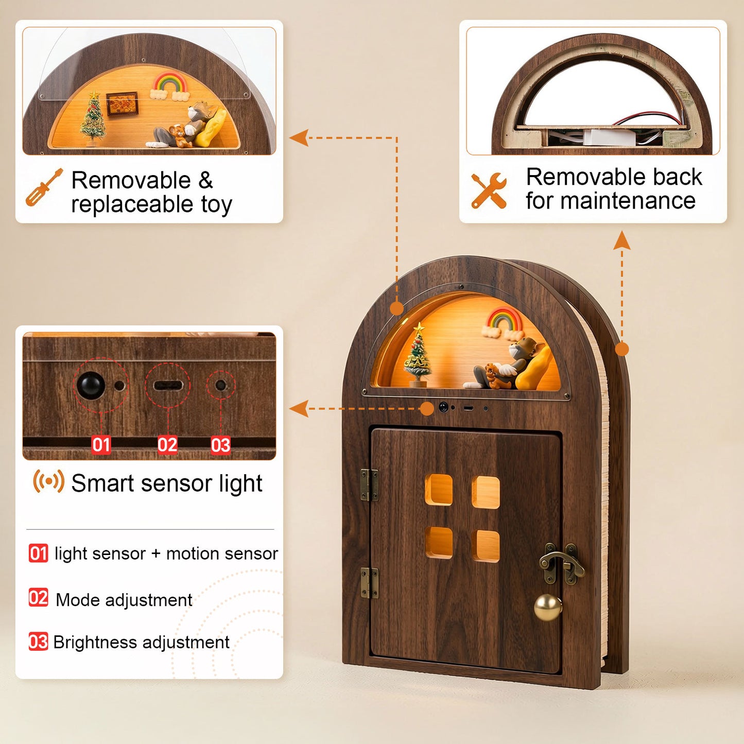 Creative Custom Wooden Cat Door with Light