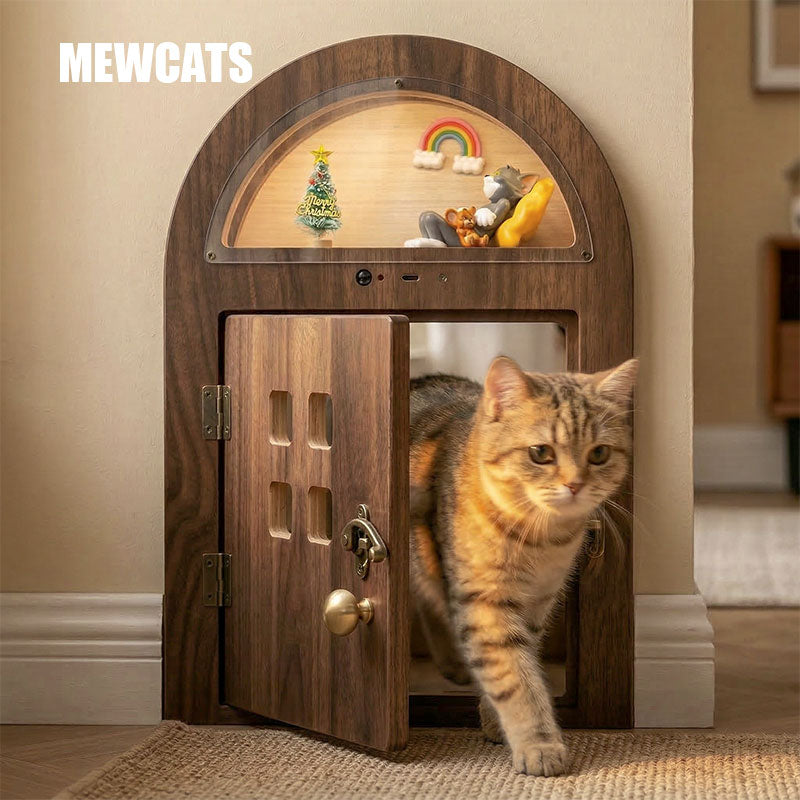 Creative Custom Wooden Cat Door with Light