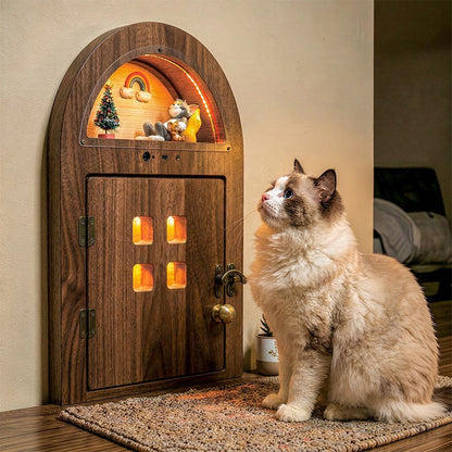 Creative Custom Wooden Cat Door with Light