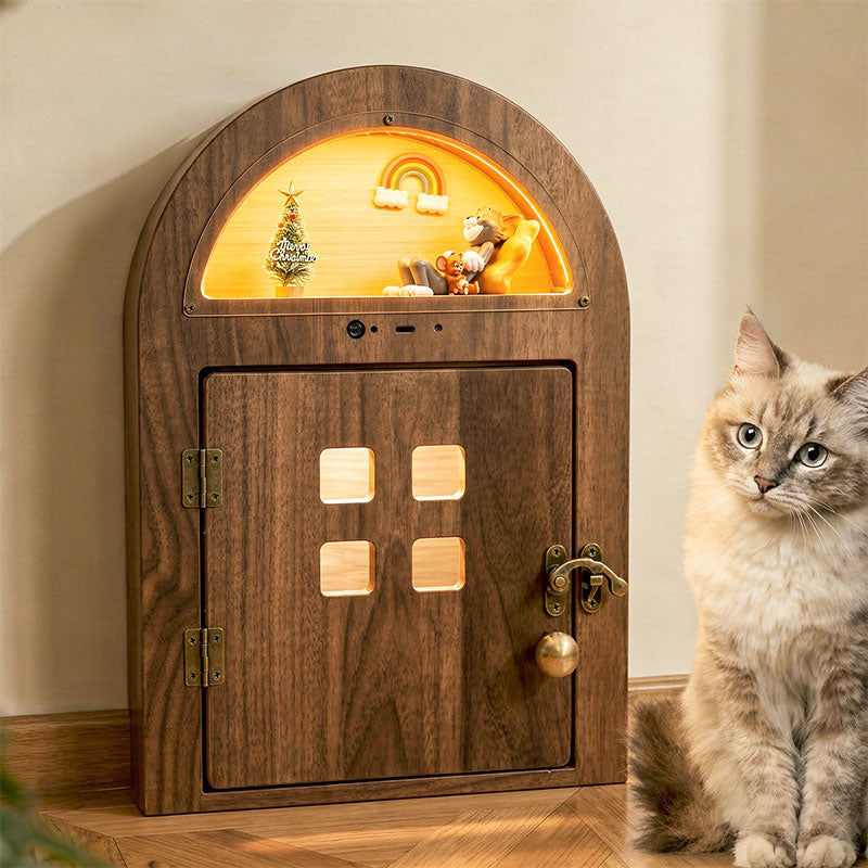 Creative Custom Wooden Cat Door with Light