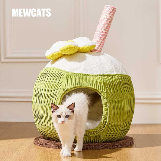 Cute Coconut Semi-Enclosed Cat Cave Bed