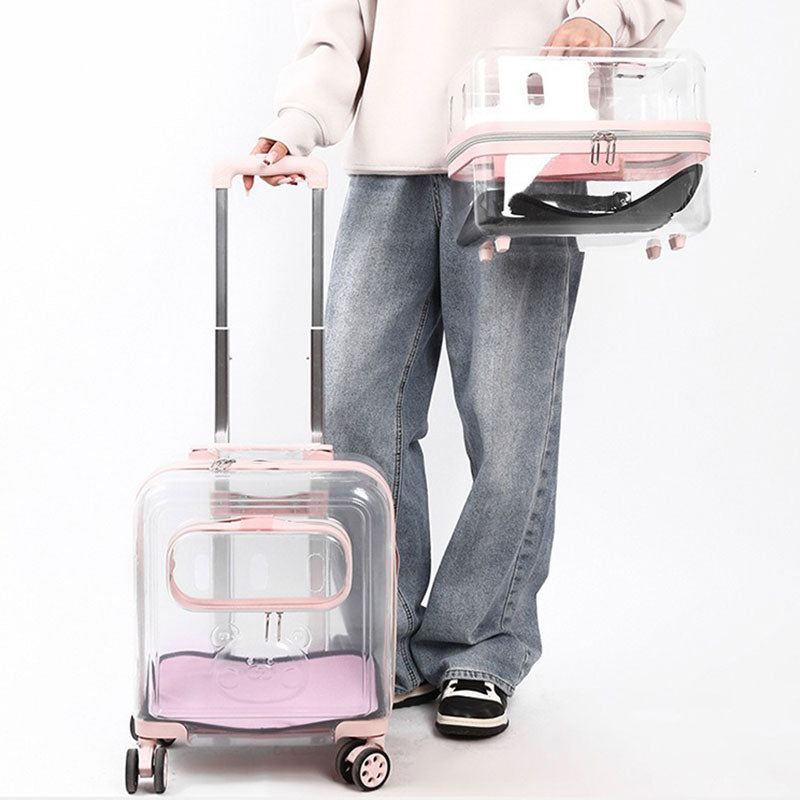 Dual-Layer Clear Cat Trolley Carrier with Wheels