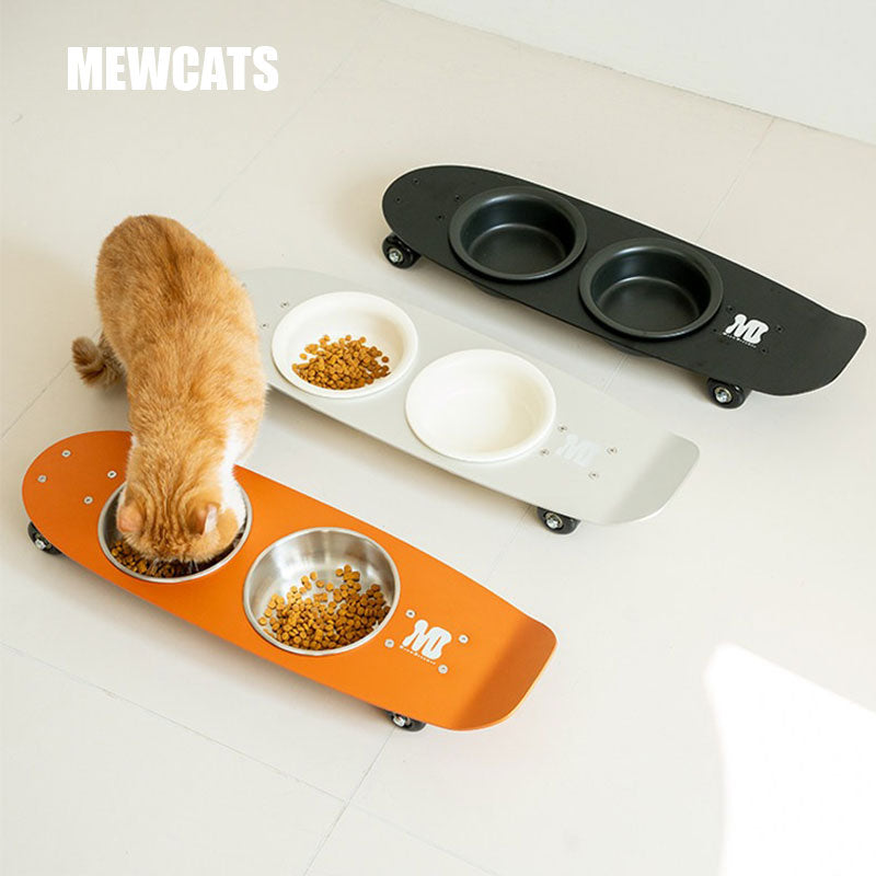 Rolling Skateboard Cat Food Water Bowl