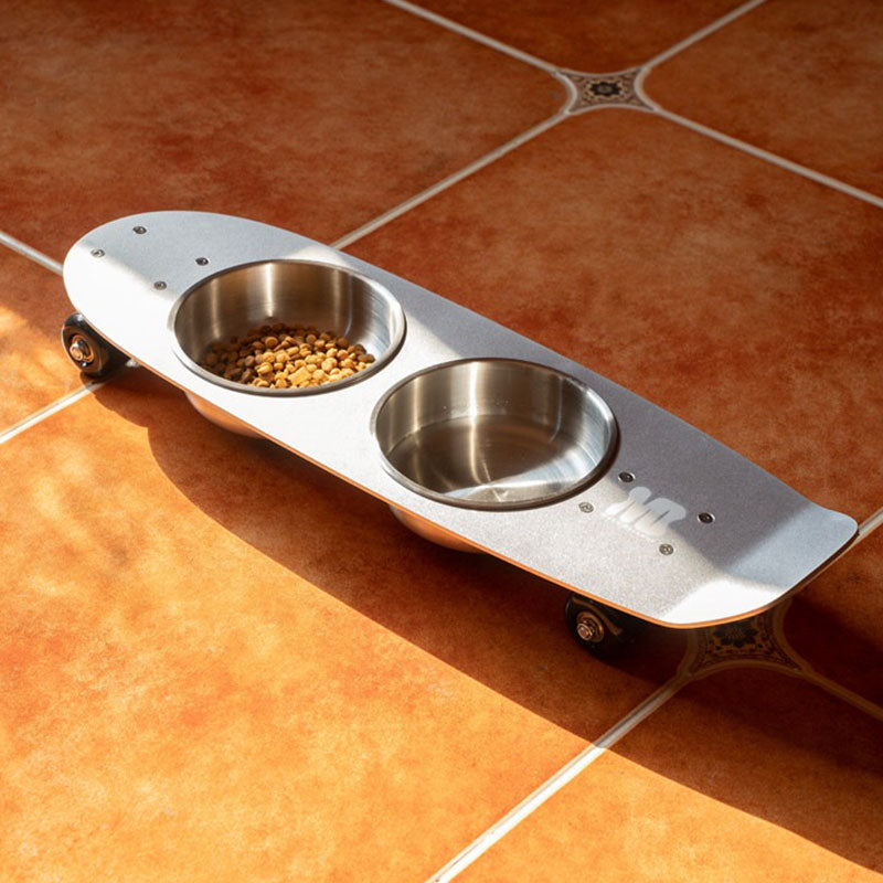 Rolling Skateboard Cat Food Water Bowl