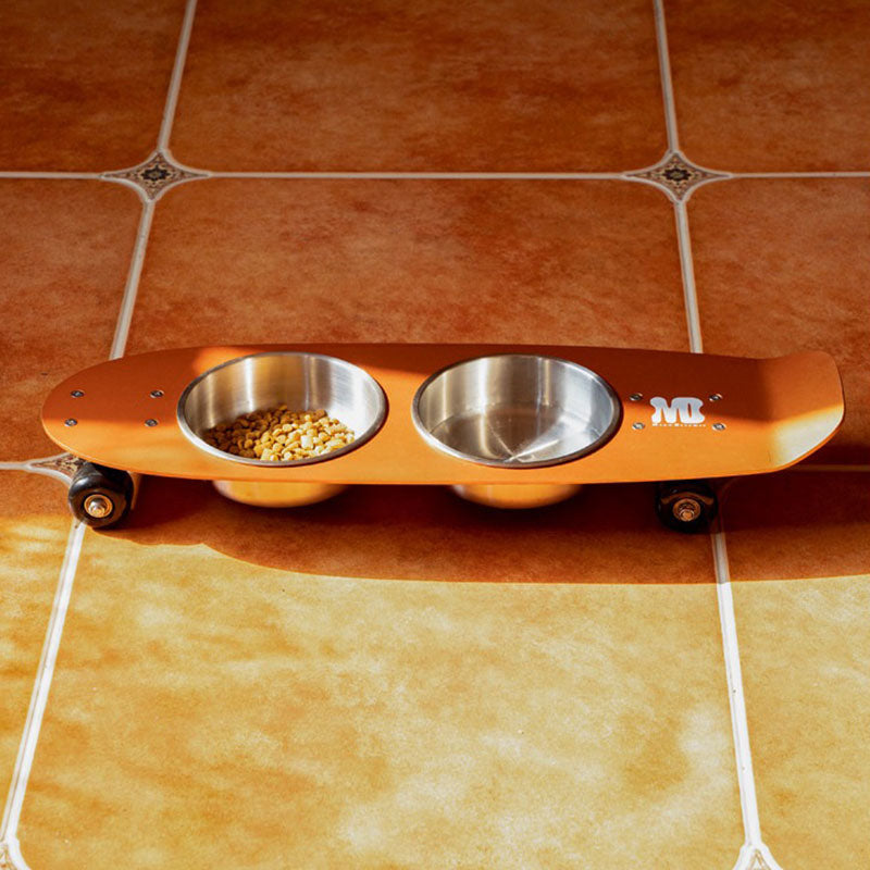 Rolling Skateboard Cat Food Water Bowl