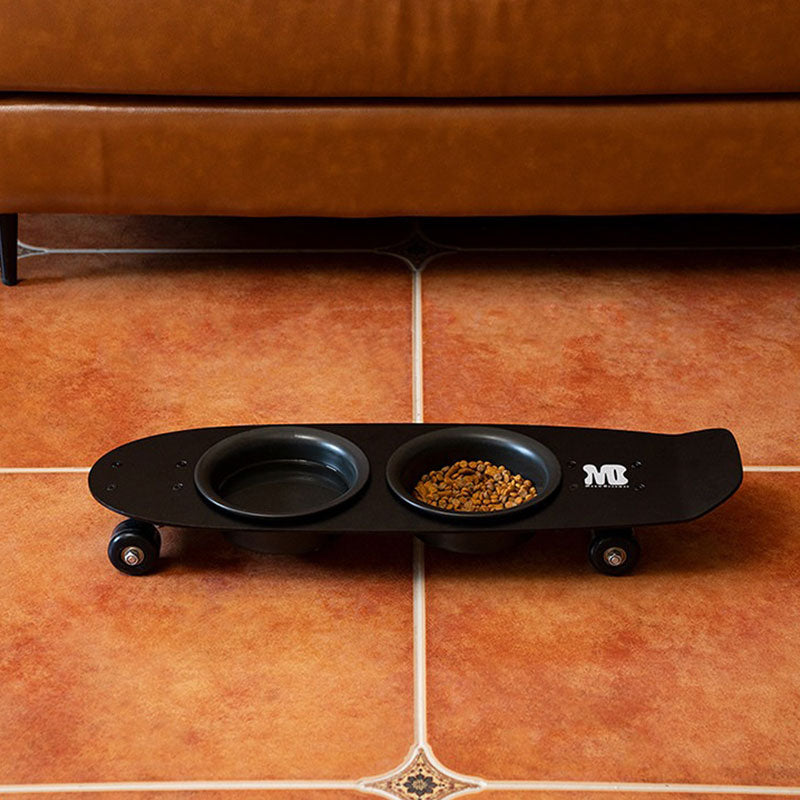 Rolling Skateboard Cat Food Water Bowl