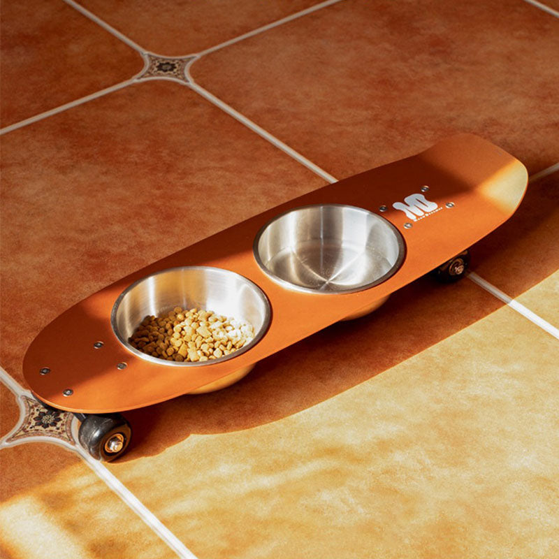 Rolling Skateboard Cat Food Water Bowl