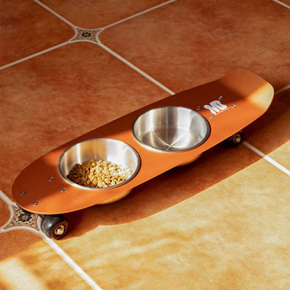 Rolling Skateboard Cat Food Water Bowl