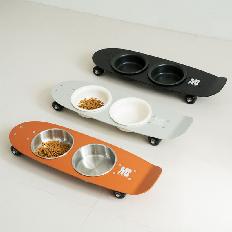 Rolling Skateboard Cat Food Water Bowl