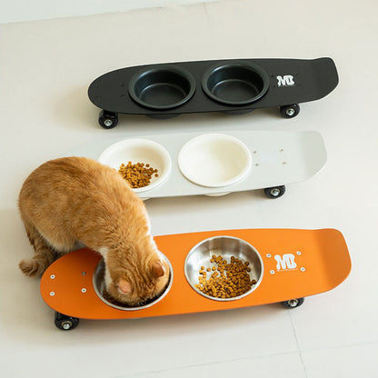Rolling Skateboard Cat Food Water Bowl