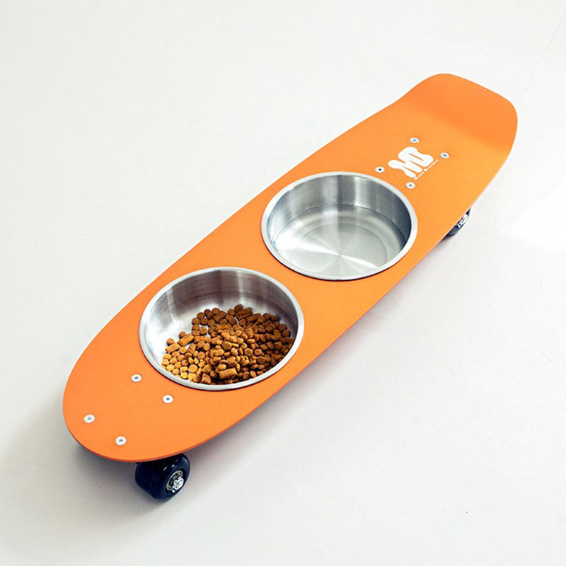 Rolling Skateboard Cat Food Water Bowl