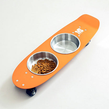 Rolling Skateboard Cat Food Water Bowl