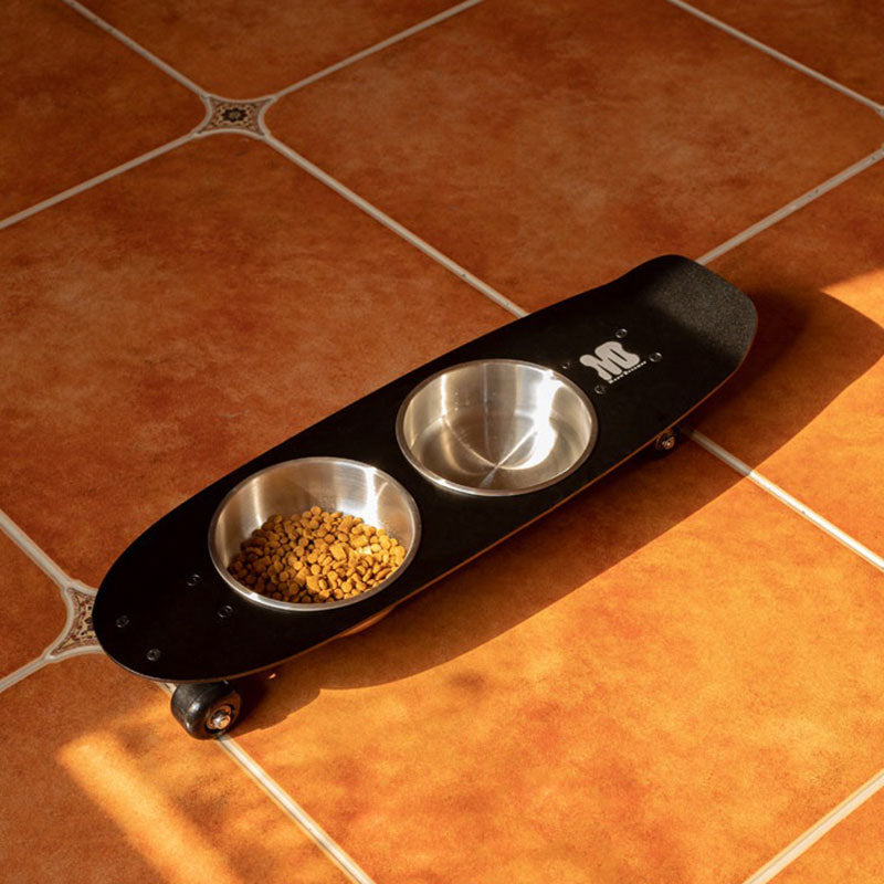 Rolling Skateboard Cat Food Water Bowl