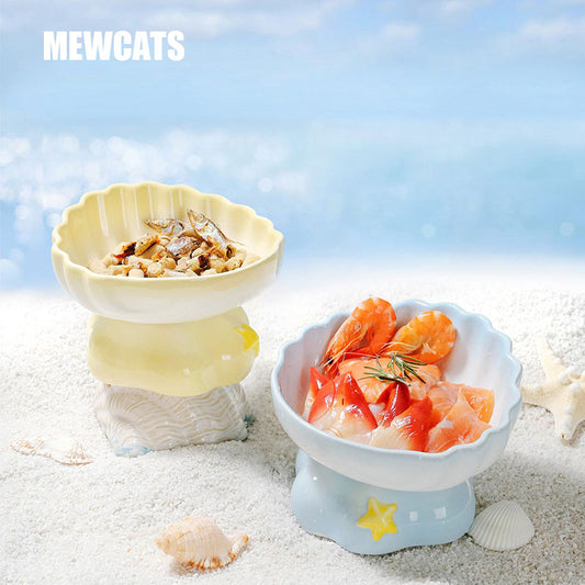 Shell Cat Food Water Bowl 2 Color Ceramic Elevated Bowl