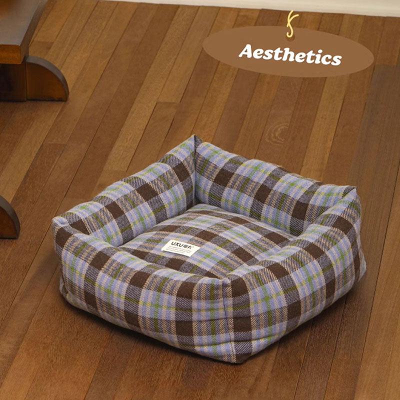 Vintage Plaid Cat Sofa Square Cat Bed