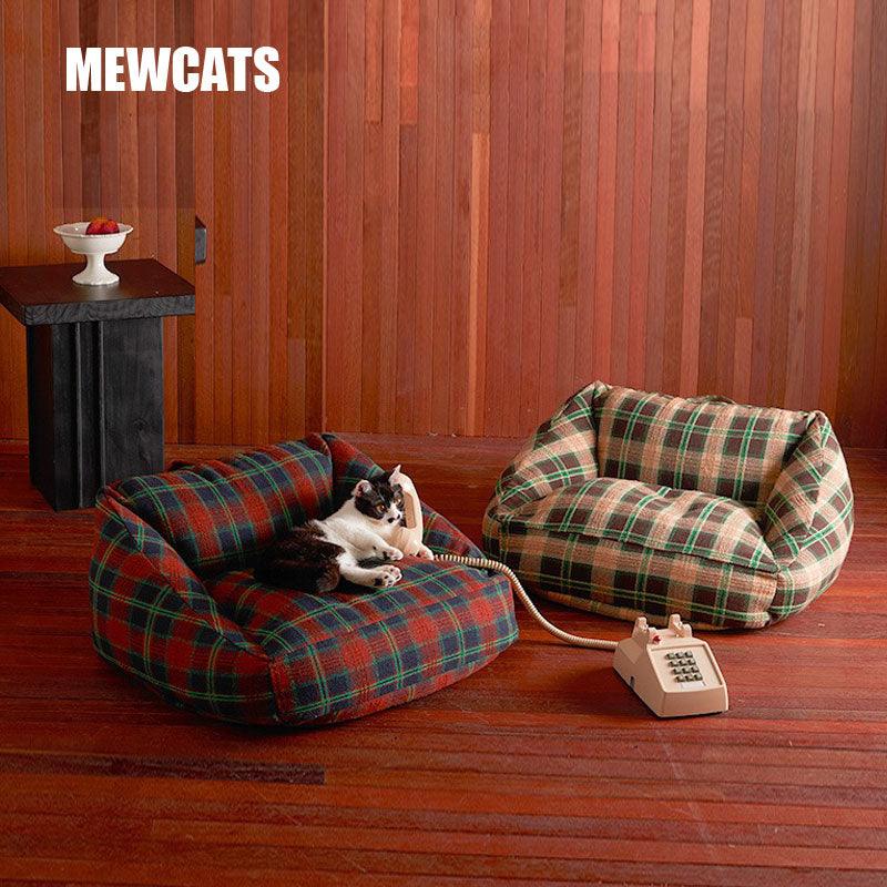 Vintage Plaid Cat Sofa Square Cat Bed