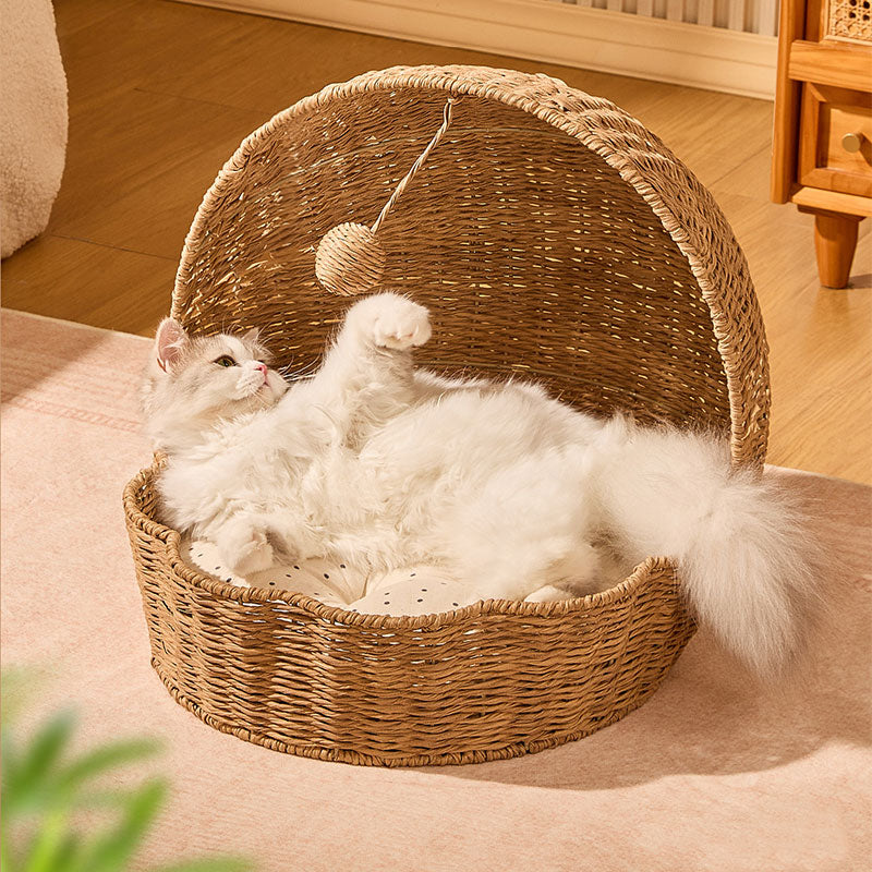 Woven Rattan Shell Semi-Enclosed Cat Bed