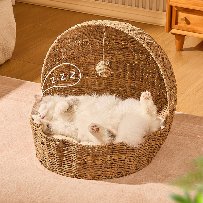 Woven Rattan Shell Semi-Enclosed Cat Bed