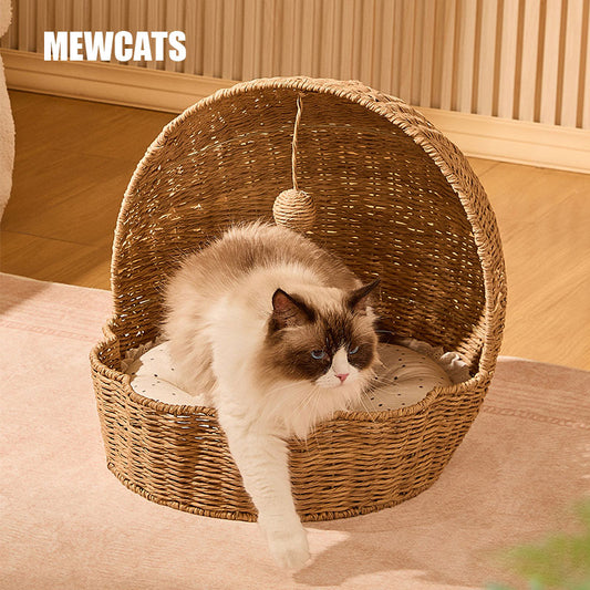 Woven Rattan Shell Semi-Enclosed Cat Bed